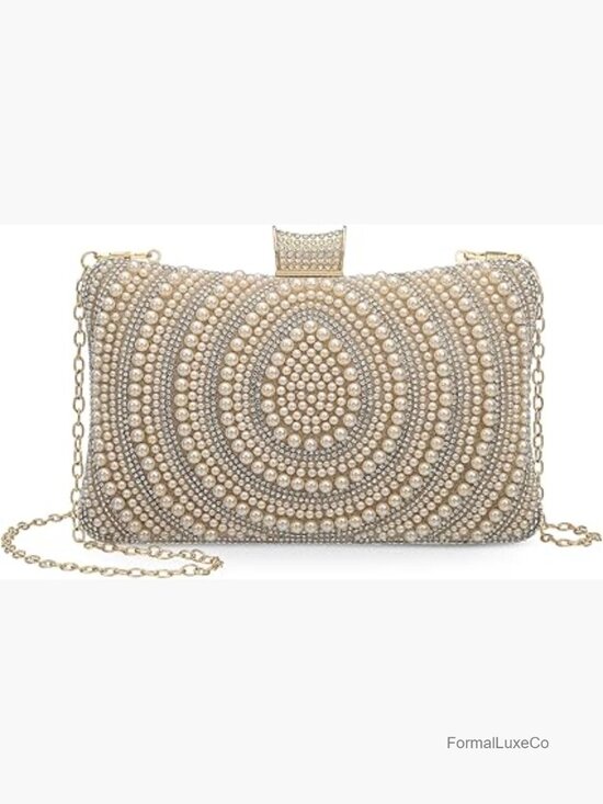 Handbags - Pearl Sequined Evening Clutch with Rhinestone Accent Detachable Shoulder Strap
